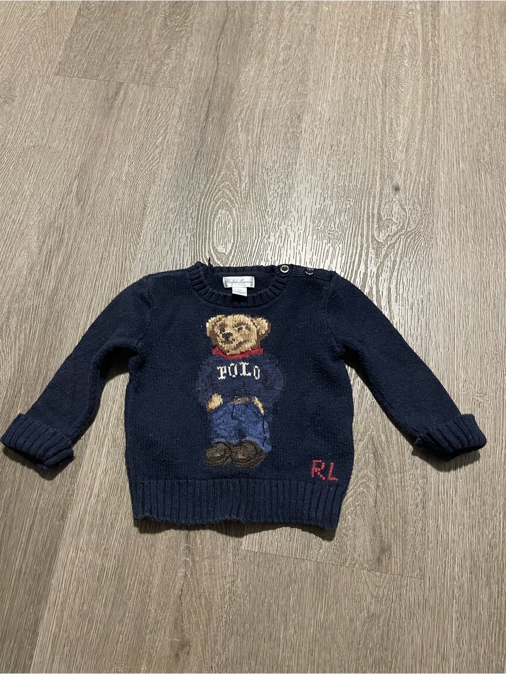 Ralph Lauren Navy Polo Bear Knit Sweater with Red RL Accent